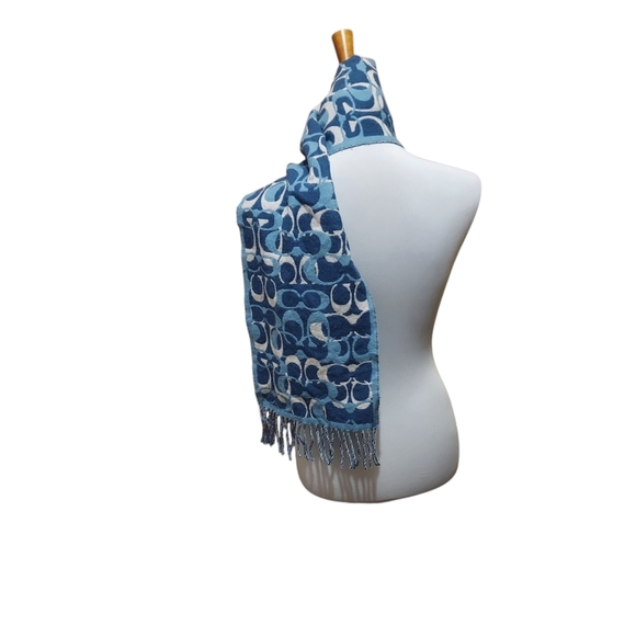 Coach Blues Monogram 100% Merino Wool Oversized‎ Scarf Muffler with fringe - Picture 15 of 15